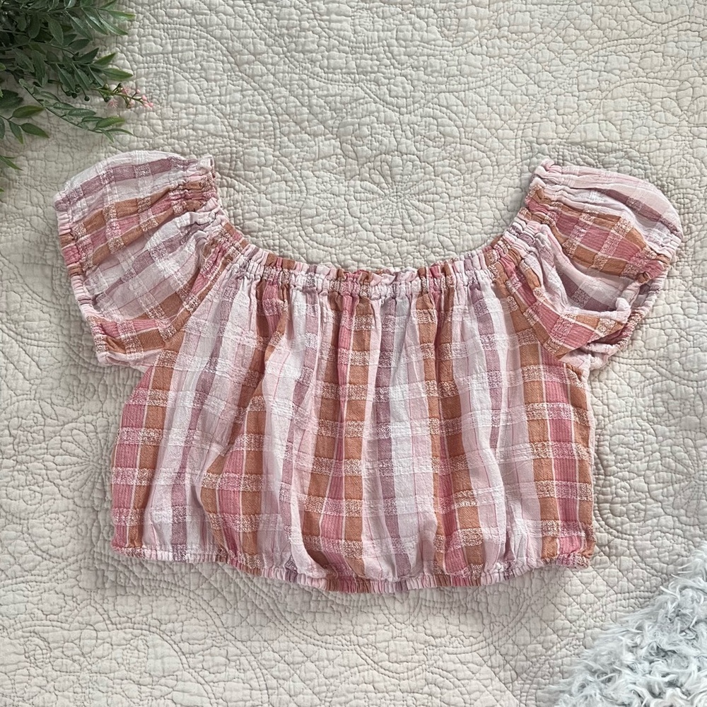 Aerie: Pink Plaid Cropped Top With Bubble Sleeves Size Medium